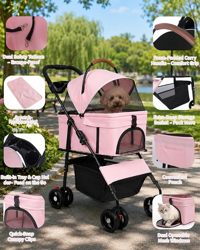 Pet Stroller, 3 in1 Foldable Dog Cat Stroller with Detachable Carrier-35lbs | Lightweight Foldable Dog Stroller, All-Terrain 4 Wheels, Compact Travel Pet Stroller for Small to Medium Pets-Pink