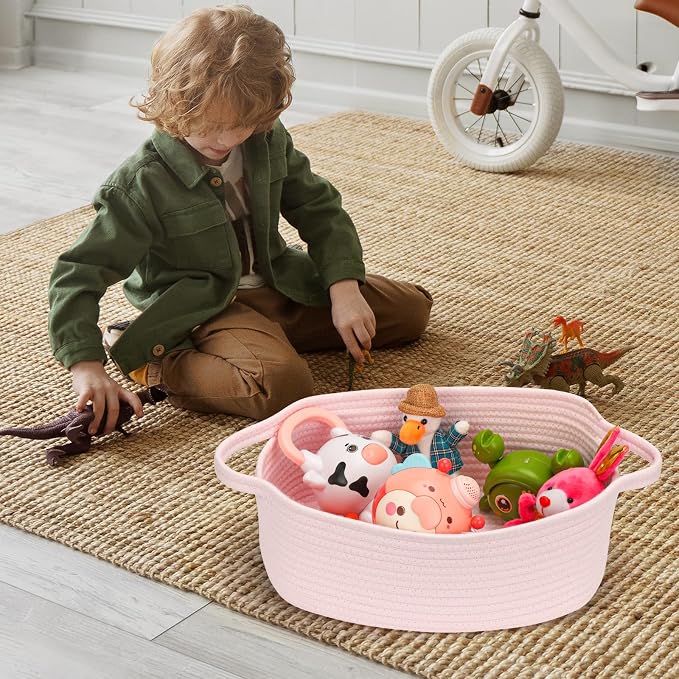 Small Woven Cotton Rope Basket Cute Baby Gift Baskets Empty Decorative Storage for Organizing Shelves Closet Baby Nursery Basket Bin Toy Storage Basket Organizer 13.7"x10.2"x5" Pink Easter