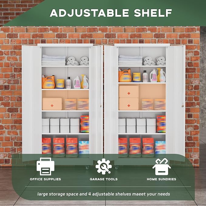 Greenvelly Metal Garage Storage Cabinet with 4 Swivel Wheels, 73" White Storage Cabinet on Wheels, Rolling Tool Cabinet with Locking Doors and Shelves for Garage, Basement, Home, Warehouse