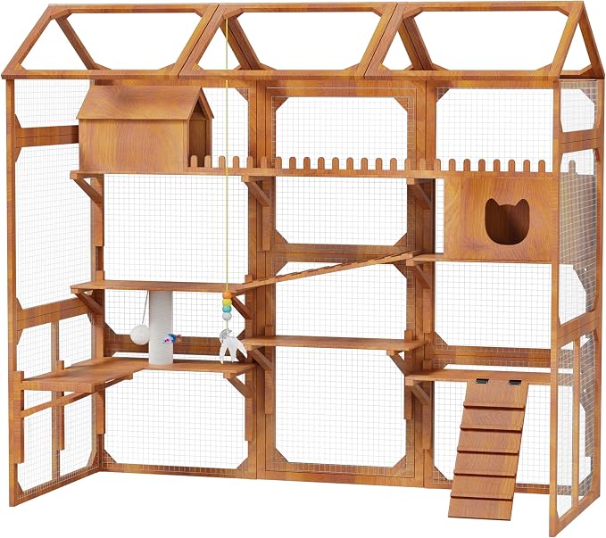 Large Outdoor Cat Enclosure Wooden Catio with Multi-Level Play Platforms, Climbing Ramps, Resting Boxes, Pom-Pom Toys & 2 Plant Stands, Weather-Resistant Roof & Wire Mesh for Backyard Patio, Brown