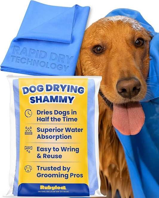 rubyloo Shammy Dog Towels for Drying Dogs Large - 34" x 26" Ultra Absorbent Technology Dries Dogs 2X Faster - Easy to Wring Out & Reuse - Compact for Bath, Swim, Rain, Travel, Cooling - 1 Pack