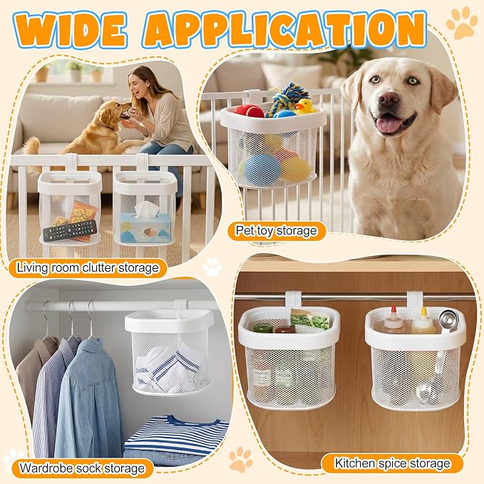 Sliner 4 Pack Dog Crate Hanging Storage Baskets Pet Fence Organizer for Toys Treats Leashes, Hook-On Mesh Basket for Indoor Outdoor Space Saving