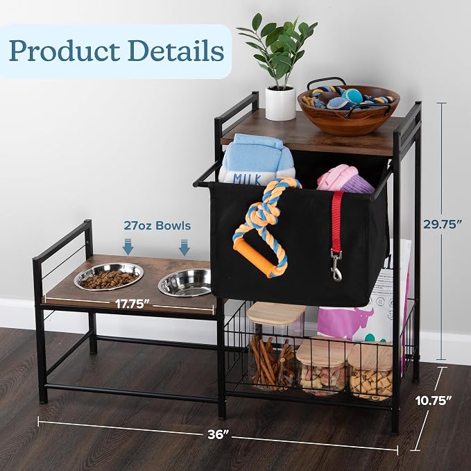 Elevated Dog Bowls with Storage - Elevated Dog Bowl Stand with 3 Adjustable Heights, Toy Bin Basket, and 2 Stainless Steel Bowls - Pet Feeding Station for Small to Large Breeds by PETMAKER (Black)