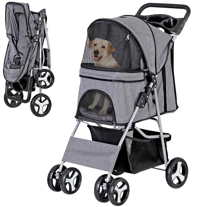 Pet Stroller for Medium Small Dogs - Easy to Walk Folding Travel Carrier Strolling Cart with Cup Holder, Weather Cover and Storage Basket (Gray)