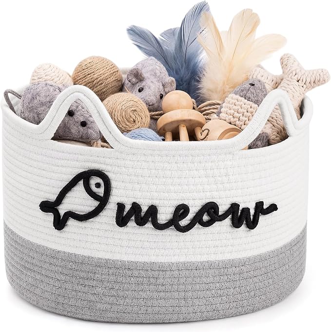 Cat Toy Basket with Cat Ear Handles, 15 x 11 x 9 in Woven Cats Toy Bin, Large Two-tone Cotton Rope Storage Box, Meow Words Organizer for Toys, Blankets, Home Decor (White, Gray)