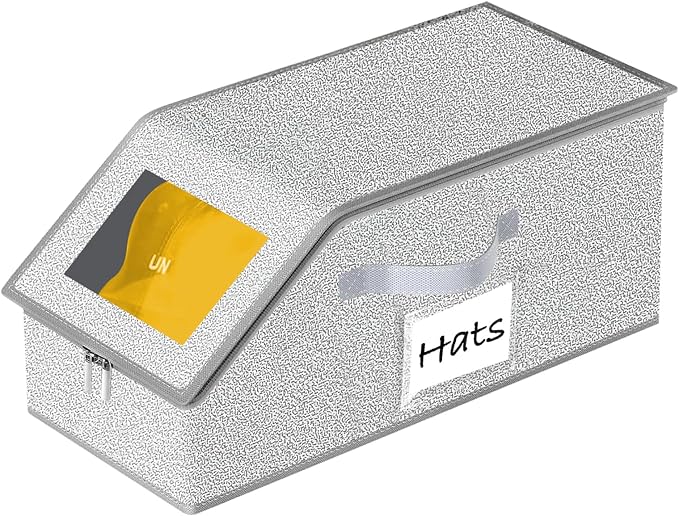 Hat Organizer for Baseball Caps 1PCS Stackable Storage with Clear Window Lid, Flip-Top Access, Space-Saving Hat Box for Closet, Breathable Fabric (Grey)