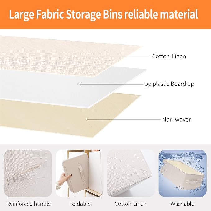 Linen Folding Storage Bins, 3 Pack Large Storage Baskets, Washable, Clothing Storage Bins with Handle, Closet Organizer for Storage Sweater,Sheets(Beige, 18½"x13½x8½)