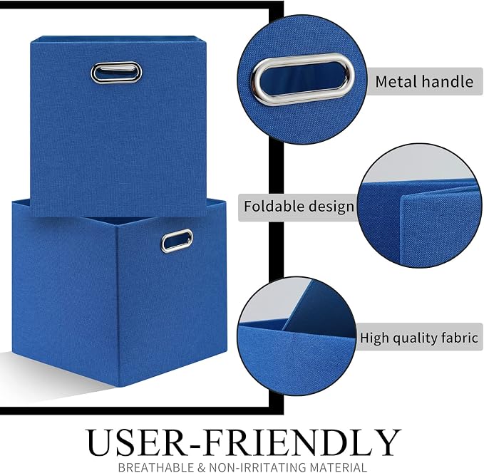 13x13x13 Inch Foldable Cube Storage Bins with Metal Handles, 4 Pack | Navy Blue fabric organizer boxes|for closet, shelf, bookcase and bedroom|fold flat when unused