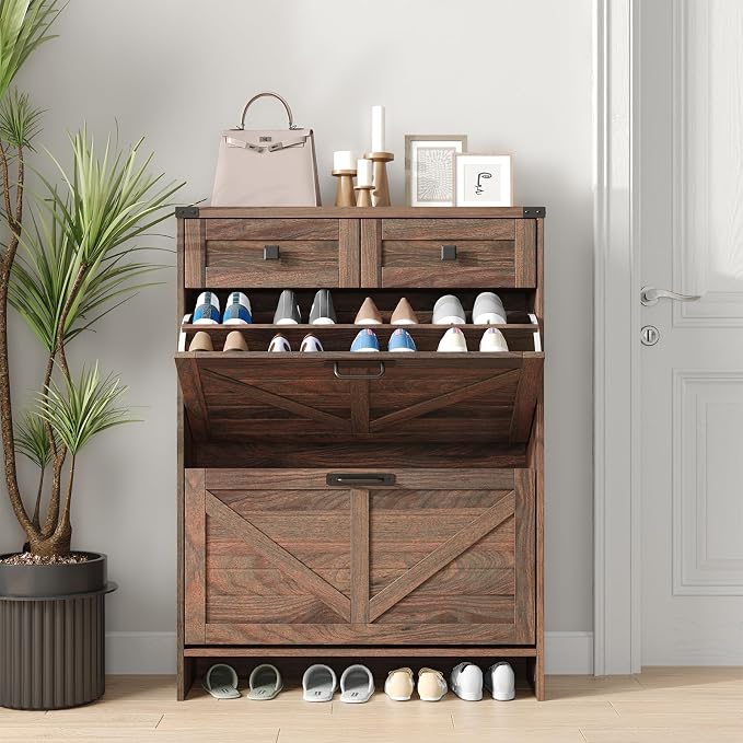 Halitaa Shoe Cabinet with 2 Flip Drawers & 2 Drawers,Farmhouse Shoe Storage Cabinet for Entryway,Slim Freestanding Narrow Organizer Rack for Front Door Entrance,Dark Walnut