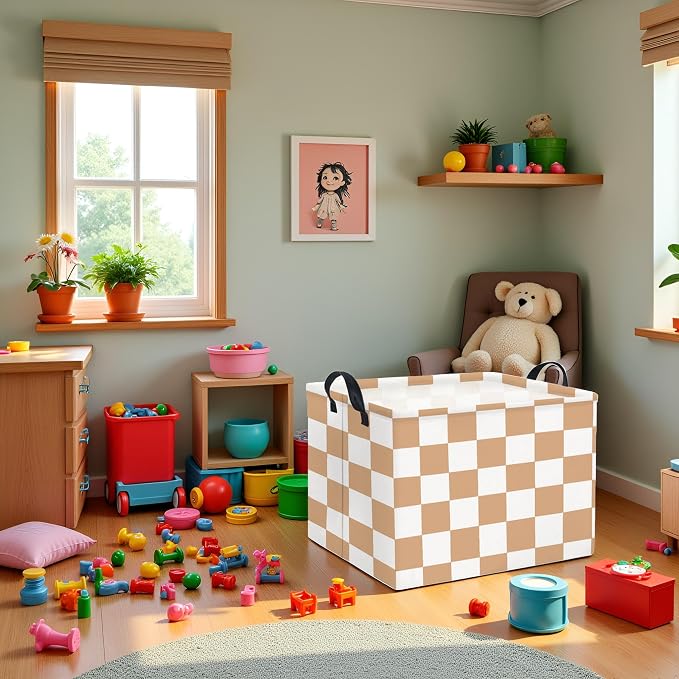 Rectangular Baby Girl Basket Fabric Storage Basket Storage Bin Organizer Box Room Decor(Brown Checkered)