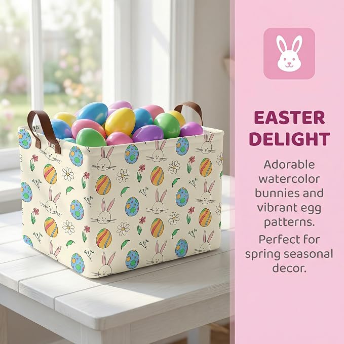 Large Cute Easter Basket for Kid Empty Gift Baby Rectangle Storage Bin Bunny Eggs Boy＆Girl Room Décor (Egg Rabbit Flower)