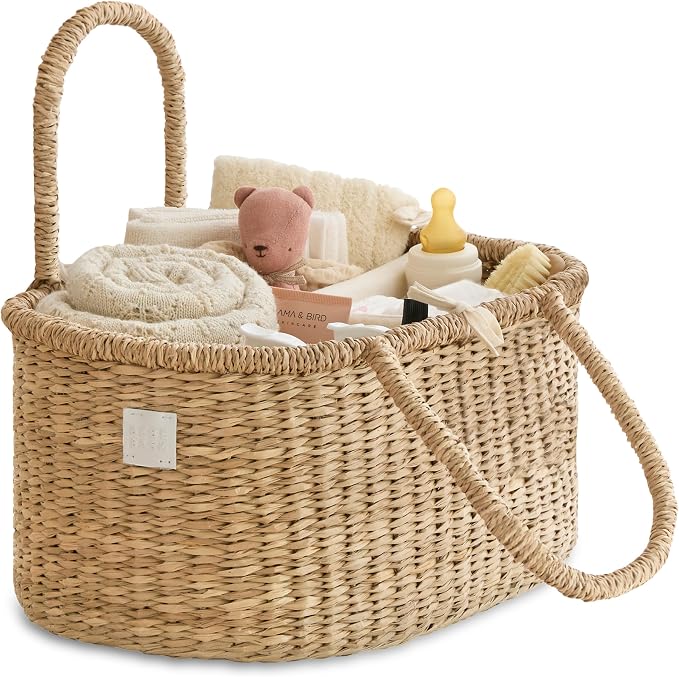 BEBE BASK Premium Baby Diaper Caddy Organizer Basket with Cotton Divider | Handmade & Award-Winner, Seagrass Caddy Basket, Newborn Essentials, Nursery Basket, Removable Divider, Baby Shower (ROSA)