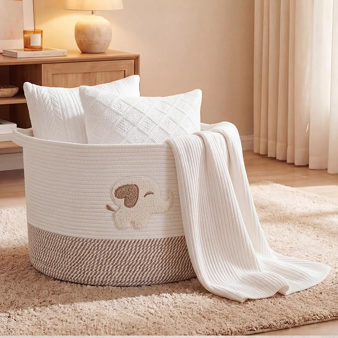 LemonRoad Extra Large Basket 20"x14", Woven Basket for Laundry Blanket Toy Box with Handle Storage, Blanket Storage for Living Room Nursery Pillows Chest(Cotton Rope,Elephant,Brown)