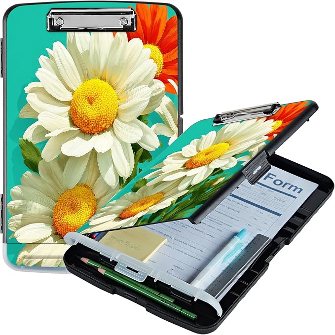 A4 Clipboard with Storage Pen Holder, Clipboards Organizer Nursing Clipboard Foldable File Folder Plastic Clipboard Folio Clip Board for Office Work Classroom Doctor, White Daisy