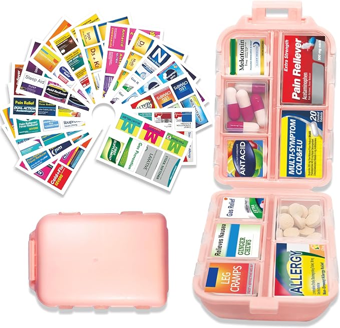 Large Pill Organizer with 146 Medicine Labels, Pink Travel Pill Case | Large 10-compartment pill case with 146 labels for vitamins, supplements, daily meds, 7-day planning, work, travel, and home