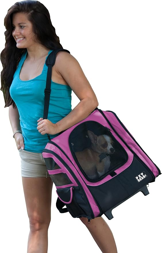 Pet Gear I-GO2 Traveler Roller Backpack, Travel Carrier, Car Seat for Cats/Dogs, Mesh Ventilation, Included Tether, Telescoping Handle, Storage Pouch, Pink