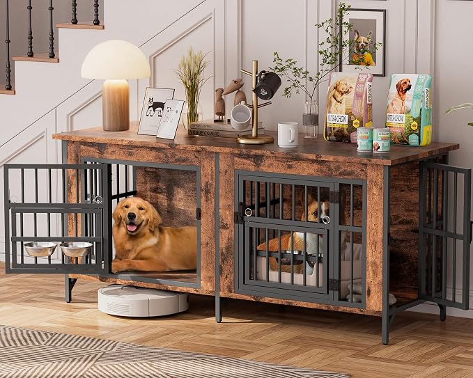 63'' Double Dog Crate Furniture, Wooden Dog Kennel with Removable Divider for 2 Dogs, XL Dog House Indoor with Rotating Bowl Holders, Heavy Duty Dog Crate TV Stand (62.9"L x 23.6"W x 27.9"H)
