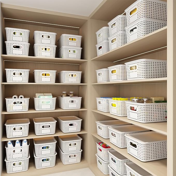 ORGIDOL Plastic Storage Basket with Lids 12 Pack Stackable Storage Bins Containers with Lid, Decorative Storage Boxes for Organizing Shelves, Drawers, Playroom, Classroom, Office, Closet, White