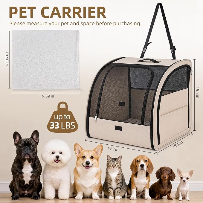 Dog Car Seat for Small Medium Dogs & Cats, Soft-Sided, Beige | Collapsible Pet Travel Carrier, Breathable Mesh, Car Kennel Secured with Seatbelt, Washable Pad, Enclosed Backseat Dog Crate