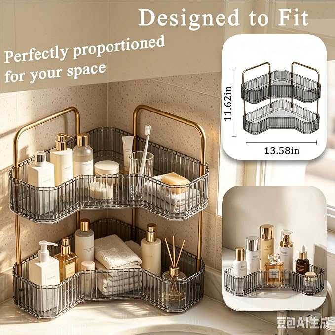 2-Tier Corner Bathroom Organizer, Skincare Vanity Counter Shelf Grey | Premium PET Perfume Display Stand with Gold Metal Rods, Space-Saving 90 Degree Storage Rack for Dresser