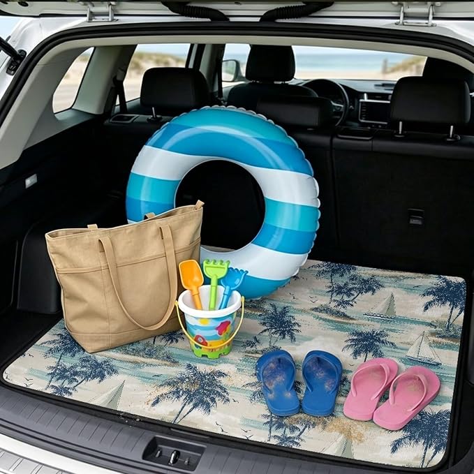 Palm Tree Print Washable Universal Cargo Liner 29" x 39", All Weather Non Slip Car Trunk Mat for SUV Truck, Durable Pet Friendly Blue Rear Cargo Protection
