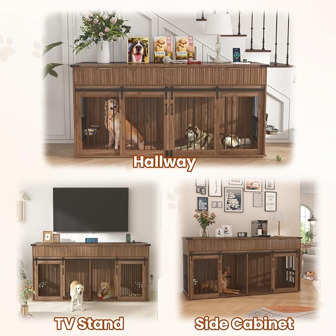 71" Large Dog Crate TV Stand with 3 Fluted Drawers, Furniture Style Wooden Double Dog Crate Furniture with Power Outlet and Rotating Feeders, Dogs Cage for Small Medium Large Dogs, Walnut