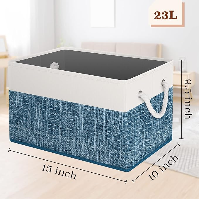 StorageTastic Storage Bin,Collapsible Storage Basket | For Organizing,Large Storage Boxes With Rope Handles,Storage Containers,White & Blue,3 Pack