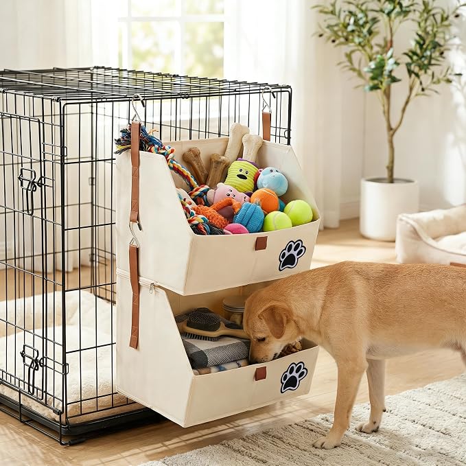 2-Tier Dog Shelves Storage Organizer, Dog Toy Basket, Hanging Closet Organizer for Pet, Fabric Storage Bins Dog Cabinet, Collapsible Baskets for Dog Toys,Collar,Clothes,Blanket -Beige