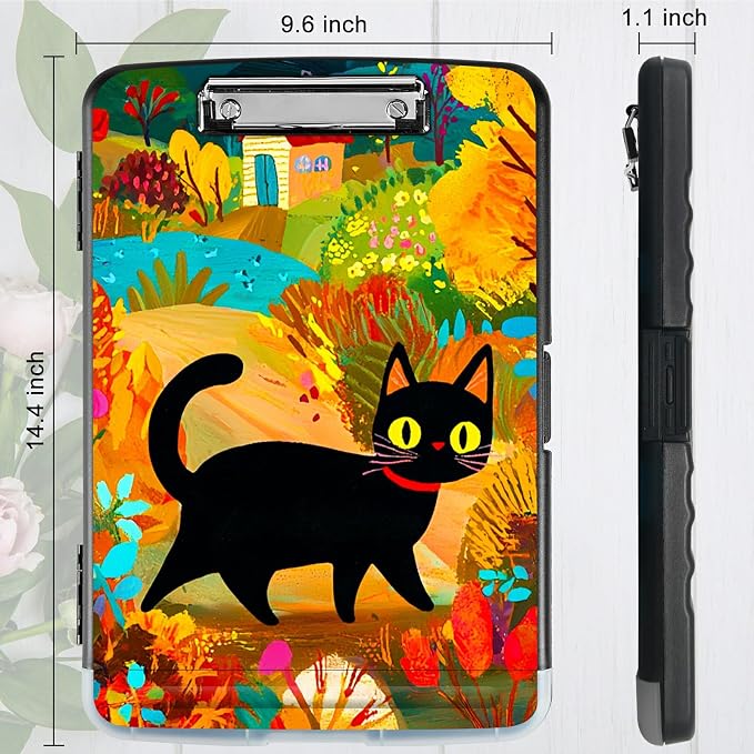 Black Cat in Autumn A4 Clipboard with Storage Pen Holder, Clipboards Organizer Nursing Clipboard Foldable File Folder Plastic Clipboard Folio Clip Board for Office Students Classroom Doctor