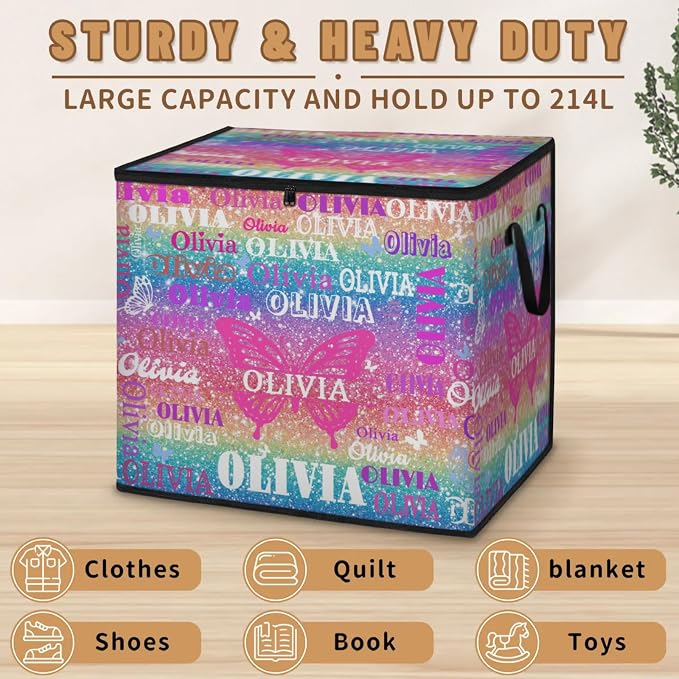 Personalized Name Large Storage Basket with Lid, Bling Bling Colorful Glittering with Butterfly Storage Bins Quilt Clothes Organizer for Bedroom, Kitchen, Bathroom, Nursery, Shelves, Closets