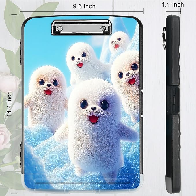 A4 Clipboard with Storage Pen Holder, Clipboards Organizer Nursing Clipboard Foldable File Folder Plastic Clipboard Folio Clip Board for Office Work Classroom Doctor, Snow Sea Lion