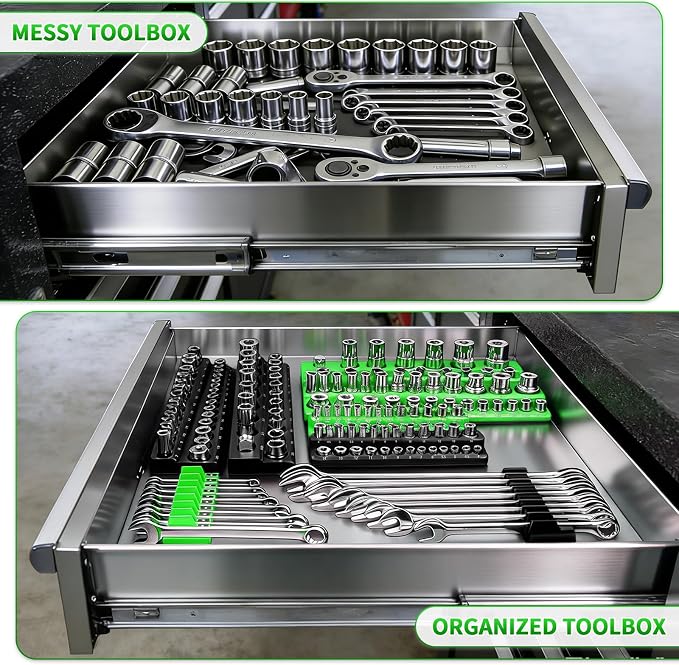 Magnetic Socket Organizer Set, 8PCS Socket Holder, 6 Socket Trays & 2 Wrench Racks, Metric & SAE Tool Box Organizer for 1/4", 3/8", 1/2" Sockets for Toolbox Storage (Black and Green, 8Pcs)