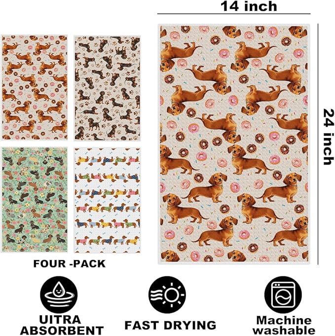 4 Pcs Cute Dachshund Kitchen Towels 24x14 Inch, Dachshund Gifts Reusable Dish Towels for Kitchen Bathroom Decor, Weiner Dog Floral Donuts Hand Cloth Tea Towel, Cute Dog Gifts for Women Mom Friend