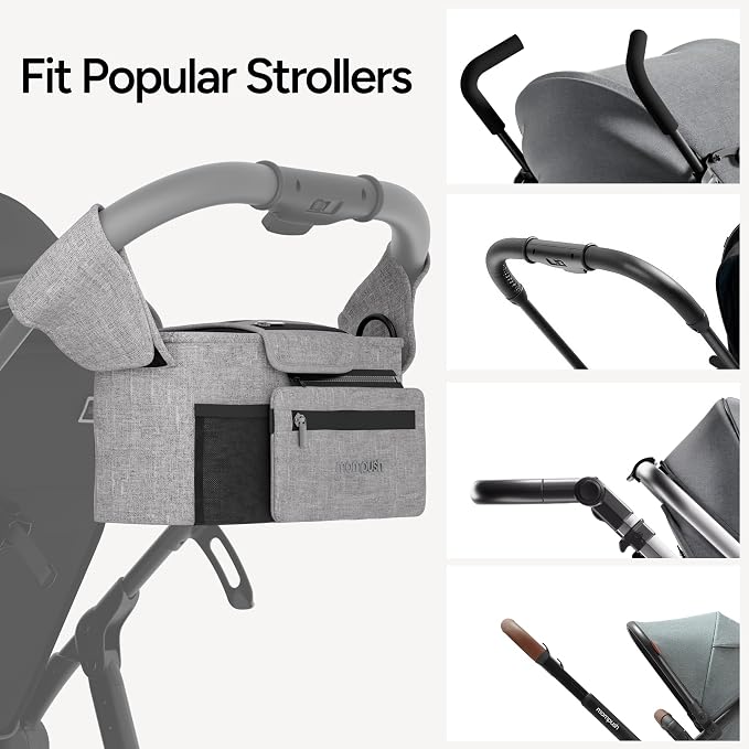 Mompush Universal Stroller Organizer Caddy with Insulated Cup Holder | Large storage capacity, multiple pockets, detachable zippered pouch, secure Velcro straps, universal stroller fit
