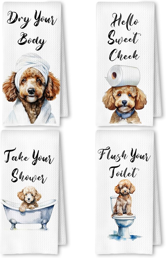 Funny Poodle Dog Hand Towels for Bathroom Washroom, Gifts for Poodle Lovers Women Men, Dog Bathroom Decor, 16x24 Inch Set of 4