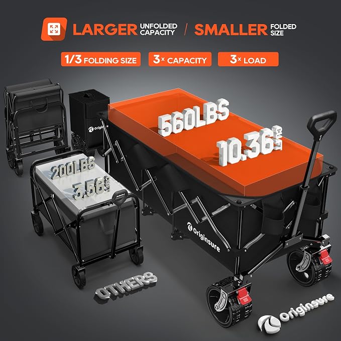 Originsure 300L Beach Wagons Carts Foldable with Big Wheels, 560lbs, Black | 48" Folding Utility Wagon,7" All-Terrain Wheels,Heavy Duty Frame,Compact&Space-Saving,for Camping,Sports,Grocery,Garden