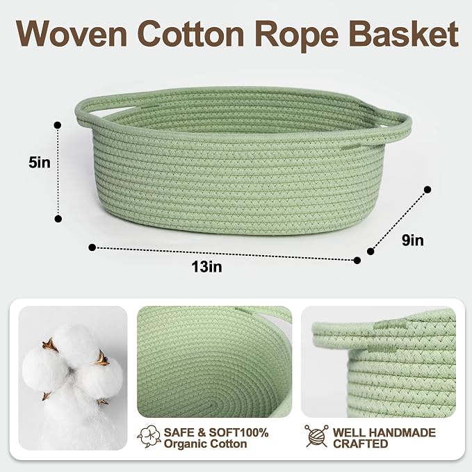 Small Baskets for Gifts Empty, 13"x 9"x 5" Woven Gift Basket with Bag and Ribbon, Cotton Rope Kids Dog Cat Toy Bin Box, Cute Baby Nursery Organizer, Decorative Storage with Handles, Green