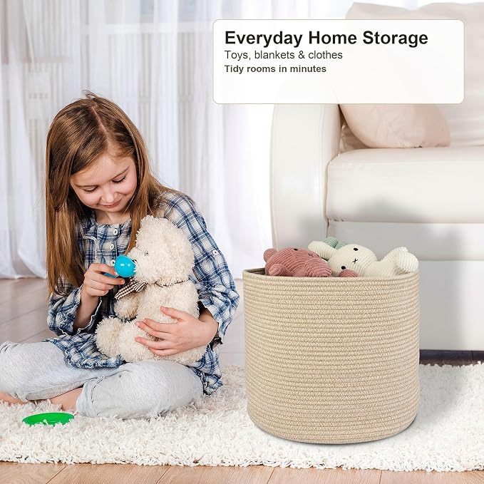 XUANGUO Cotton Rope Basket For Girls Boys Kids 16”X14” | Baby Laundry Baskets, Blanket Basket, Nursery Bin; Round Woven Basket Organizer for Toy Storage, Blankets, Shoes and Clothes