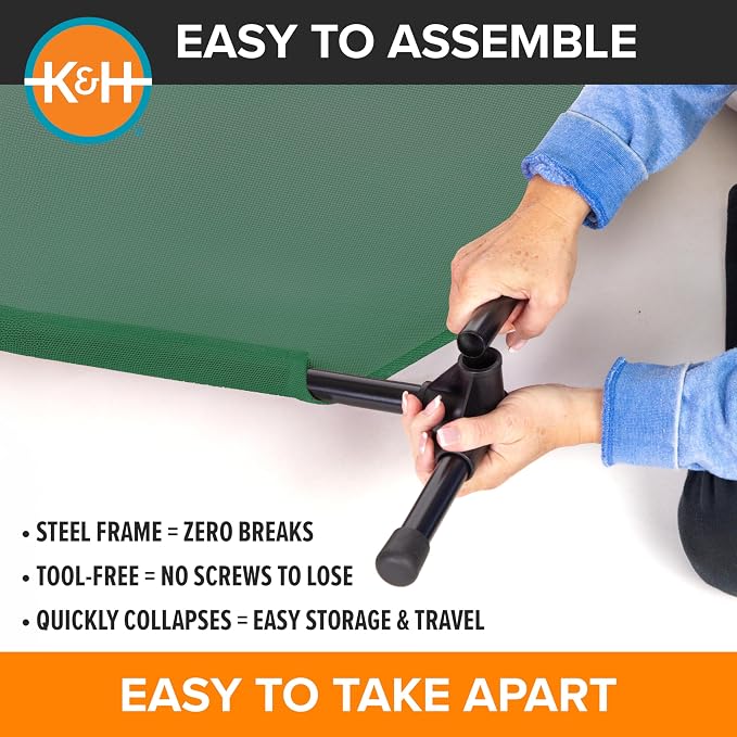 K&H Outdoor Elevated Dog Bed, Cooling Raised Dog Bed, Medium 32x25in, Green | Pet Cot for Small & Medium Pets, Breathable Mesh 360 Hammock Design, Indoor/Outdoor Washable Cover, Portable Metal Frame