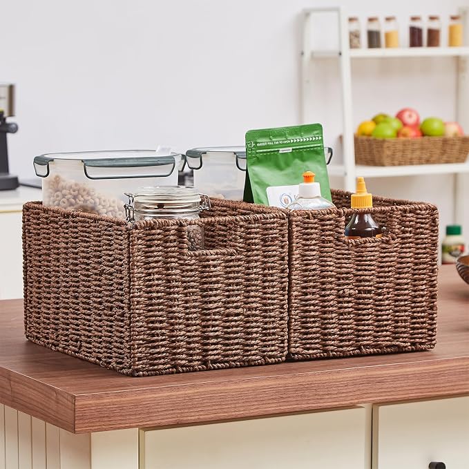 Vagusicc Large Wicker Storage Basket, Set of 2 Baskets for Organizing Brown | Hand-Woven Wicker Small Storage Baskets for Organizing Toilet Paper, Foldable Large Cube Storage Organizer Bins for Shelves