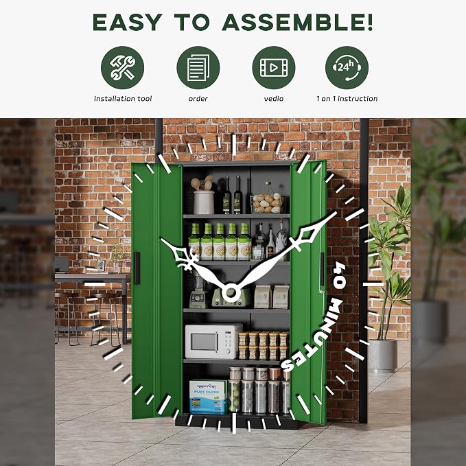 Greenvelly Metal Storage Cabinet, 72" Locking Metal Garage Storage Cabinet with Doors and 4 Adjustable Shelves, Lockable Steel Cabinet for Home Office, Garage, Shop, School (Green 32" W x 16" D)