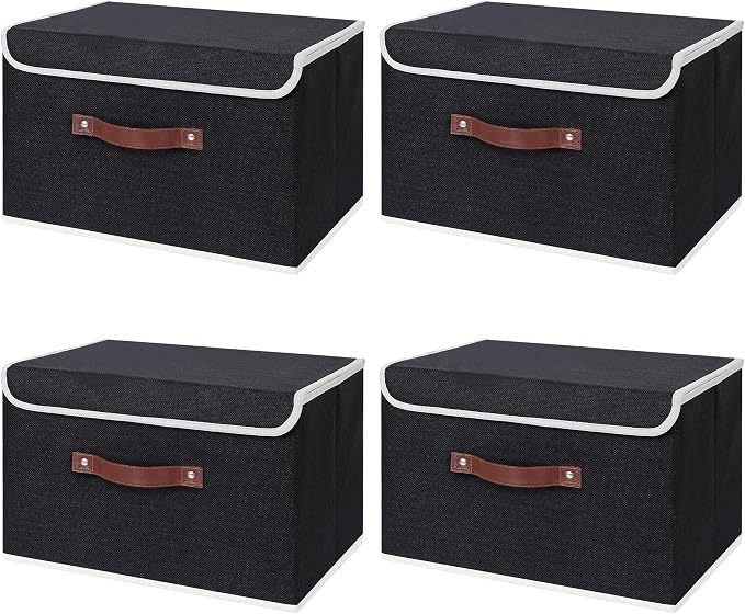 ANMINY Fabric Storage Box Bins with Lids, Black, 15"x10"x10", 4 Pack | Keepsake Memory Storage, Cotton Linen, PP Board Reinforced, Washable, PU Handles, Foldable & Stackable, Decorative, Large