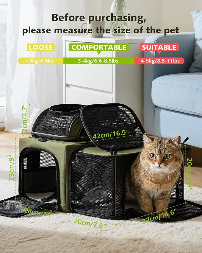 Pecute Top Expandable Airline Approved Pet Carrier for Cats, Olive Green | Airline Approved Dog Carrier, Under-seat, Breathable, Anti-scratch Mesh, Safety Leash, Locking Zippers, Leakproof Pee Pad