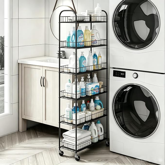 Slim Rolling Storage Cart with Wheels,10in 6 Tier Black | Narrow Space Rolling Shelving Unit , Metal Wire Mobile Organizer Rack for Kitchen Bathroom Office Laundry