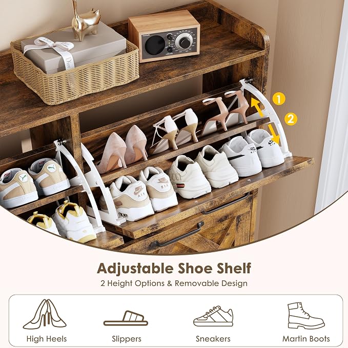Shoe Cabinet Storage for Entryway, Freestanding Shoe Storage Cabinet, Farmhouse Narrow Shoe Rack Cabinet for Entryway, Foyer, Hallway, Shoe Cabinet 4 Flip Drawers