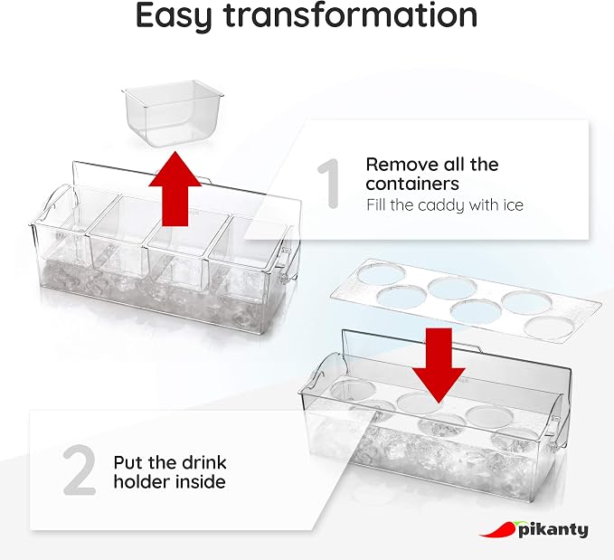 Pikanty Chilled Condiment Server Caddy with Ice Base - 4 Compartments and 4 Serving Tongs Included, Mimosa Bar, Taco Bar, Garnish Tray for Parties, Weddings, BBQs, Dishwasher Safe, Made in USA