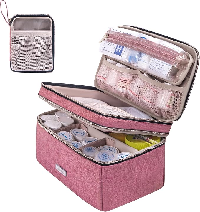 Lexeeco Travel Medicine Pill Bottle Organizer Bag with Portable Small Pouch | Medication Case with Lockable Zipper for Pill,Vitamin,Medicine Storage Box for College Dorm Student,Home,First Aid Bag Empty