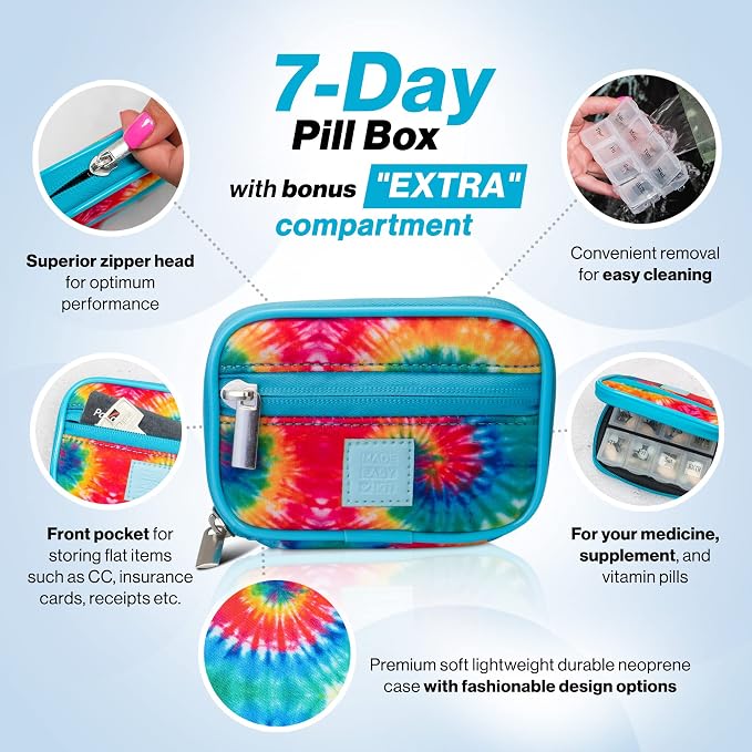 Made Easy Kit Pill Case - Weekly Medicine Organizer with Removable Seven-Day Vitamin & Supplement Box (Tie Dye)