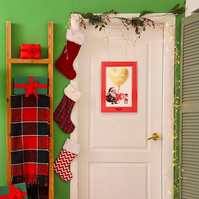 Candy Dispenser Picture Frame, Wall-Mount & Tabletop Gumball Machine with Multiple Designs for Candy, Nuts, Treats, Interactive Home and Office Decor (Santa Claus & Deer, Off-White)