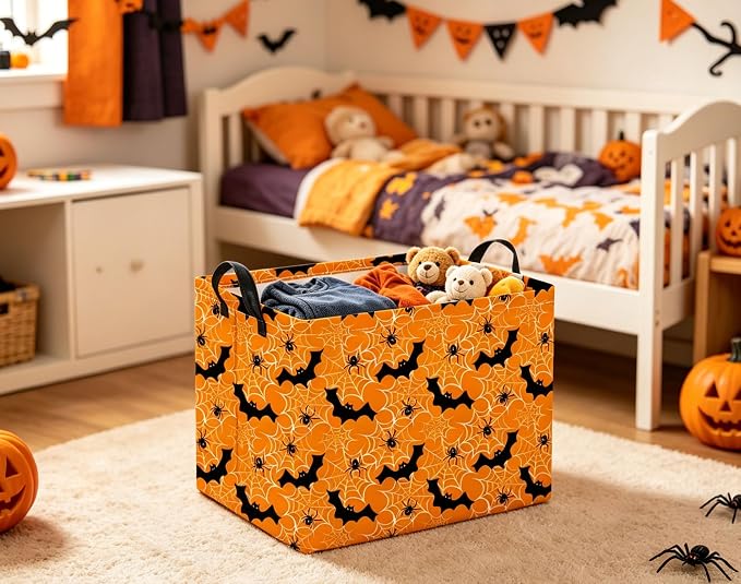 Halloween Basket Cute Baskets for Kids Pumpkin Basket Rectangular Storage Bin Organizer Box Room Decor(Yellow Spider Web)